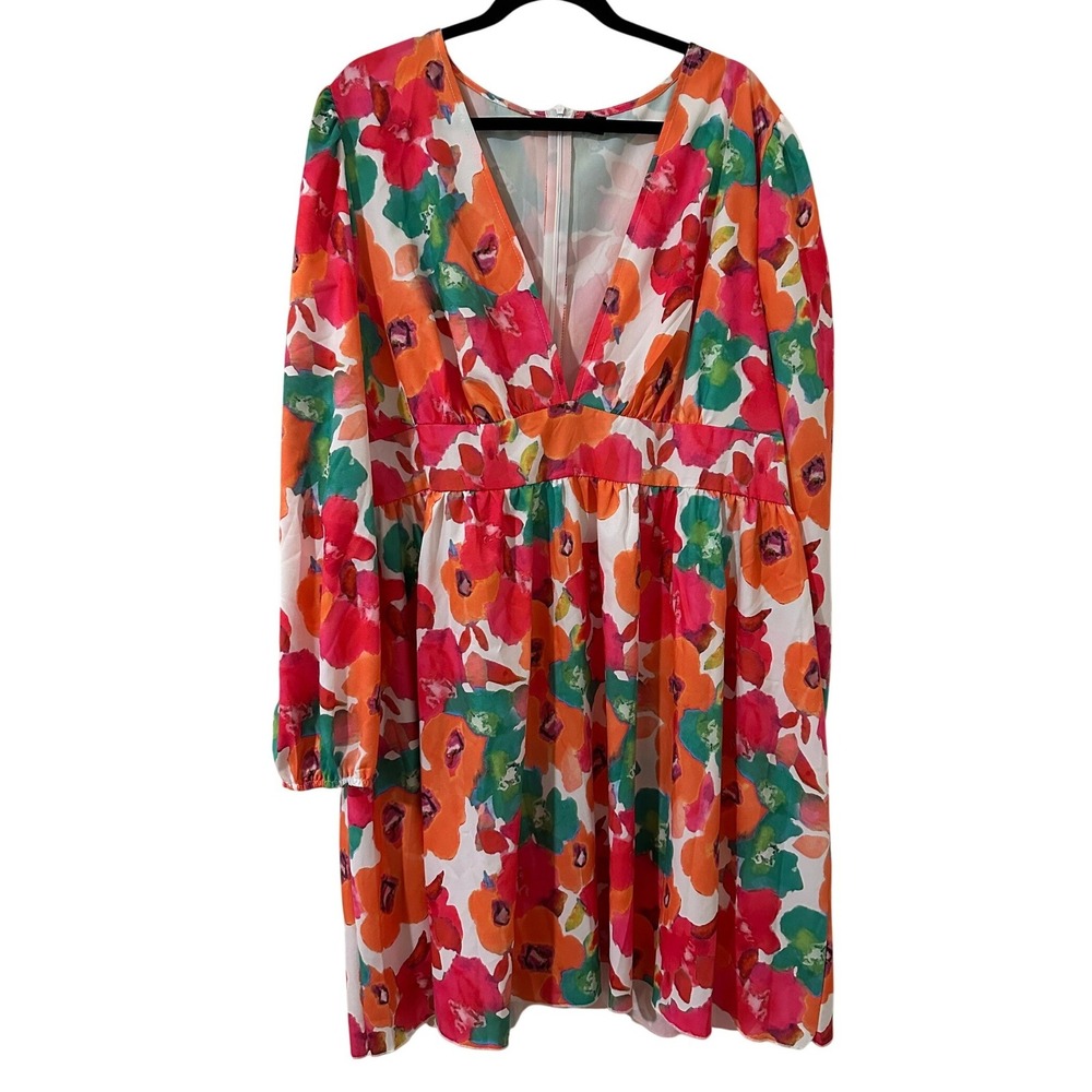 Sason Curve Floral‎ Long Sleeve Mini Dress Pink Orange Watercolor Sz 1X Tropical